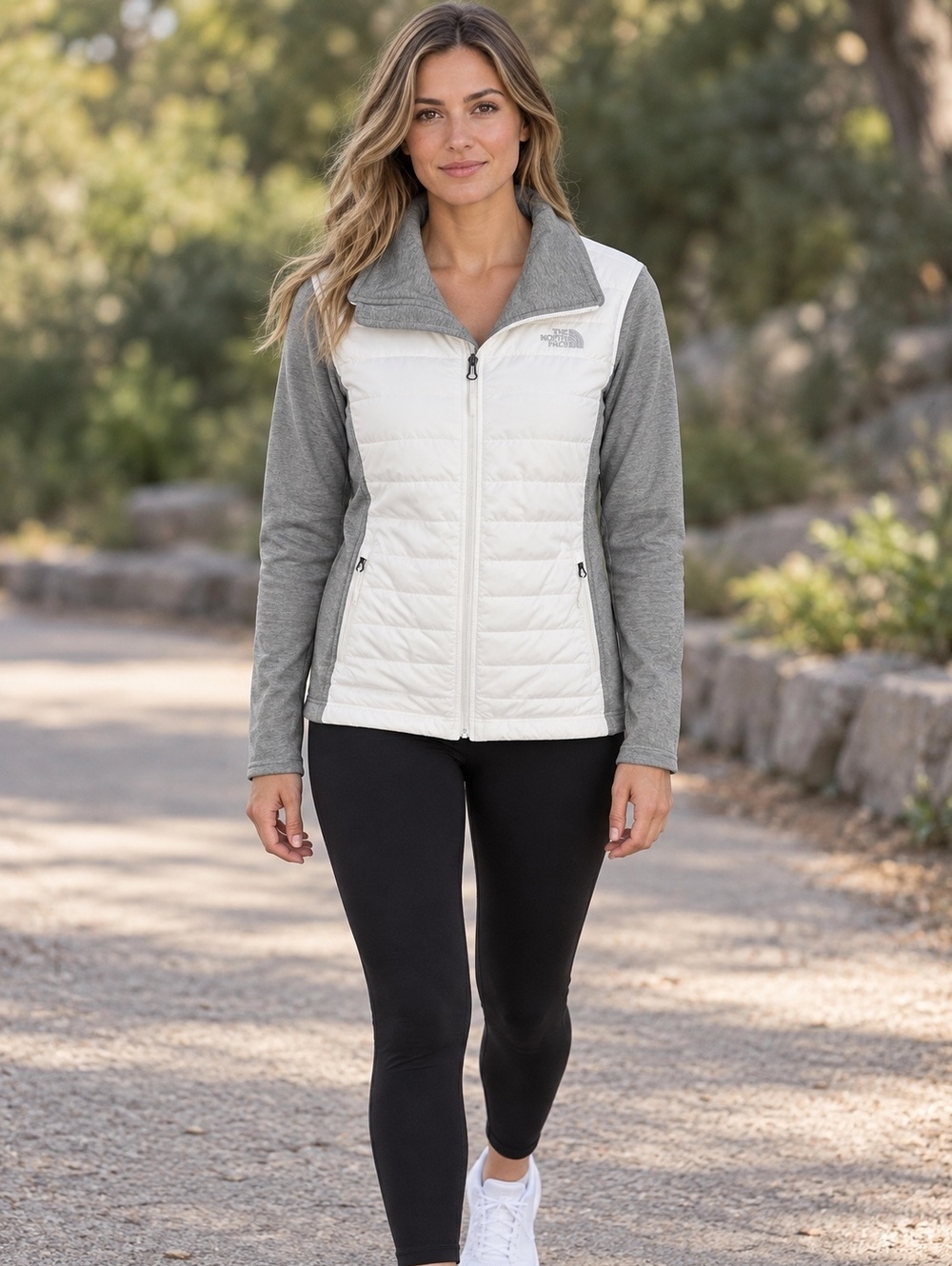 North Face White Gray PrimaLoft Hybrid Quilted Jacket Womenโs L